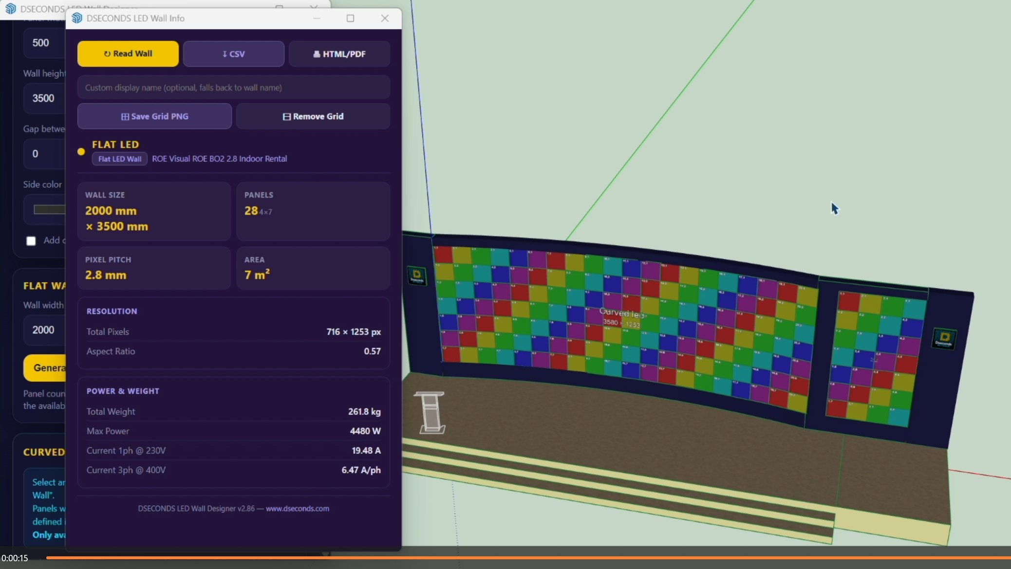 LED Wall Info panel showing weight, power and resolution data
