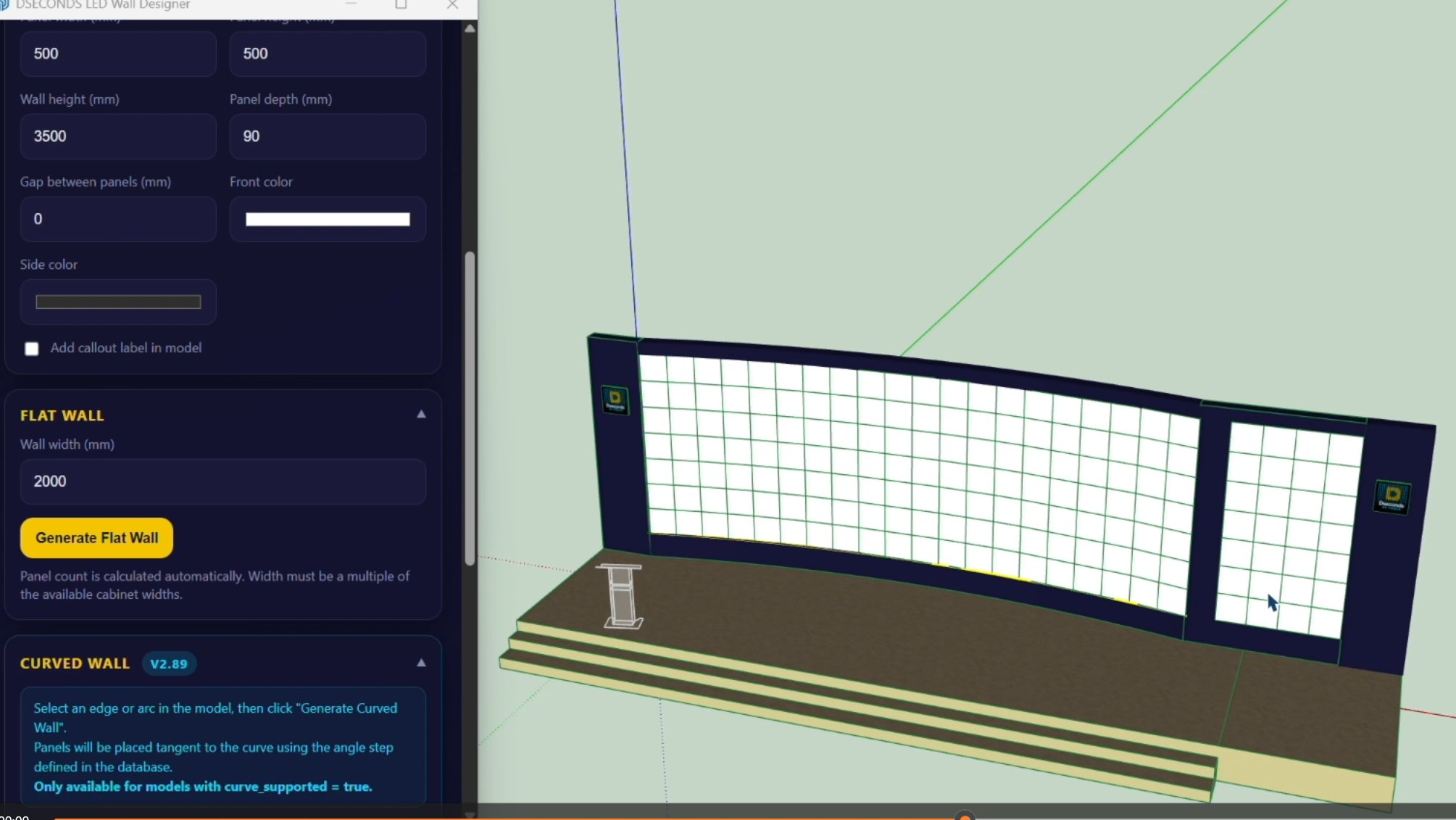 LED Wall Designer — plugin open showing wall parameters and generated grid