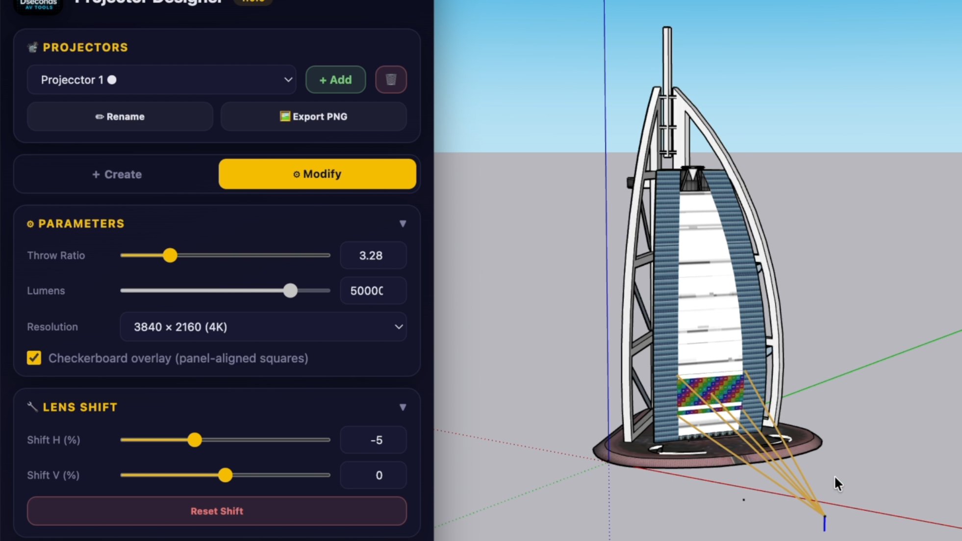 Projector Designer — plugin panel with Burj Al Arab scene